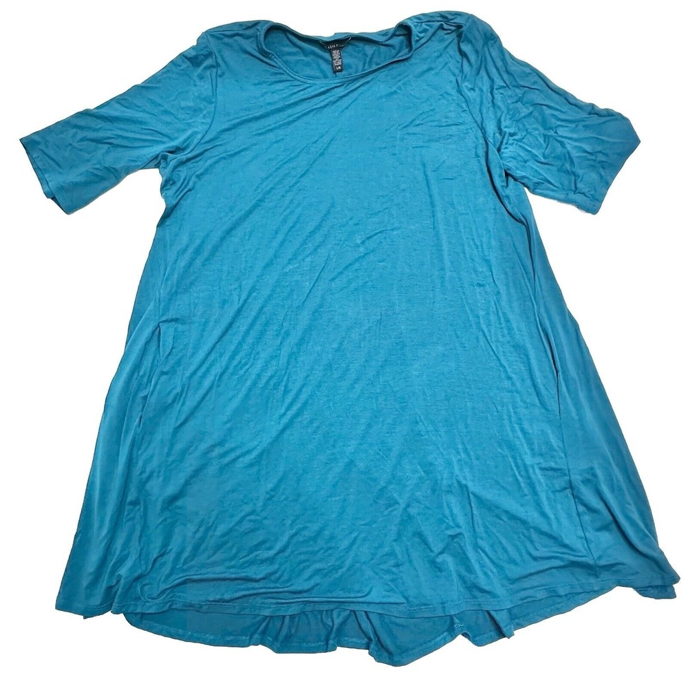 Eileen Fisher Blue Stretch Viscose T-shirt‎ Dress Rounded Hem Size L Large